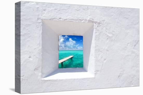Ibiza Mediterranean White Wall Window with Formentera Beach View [Photo-Illustration]-holbox-Stretched Canvas