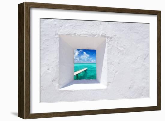 Ibiza Mediterranean White Wall Window with Formentera Beach View [Photo-Illustration]-holbox-Framed Photographic Print