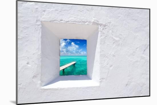 Ibiza Mediterranean White Wall Window with Formentera Beach View [Photo-Illustration]-holbox-Mounted Photographic Print