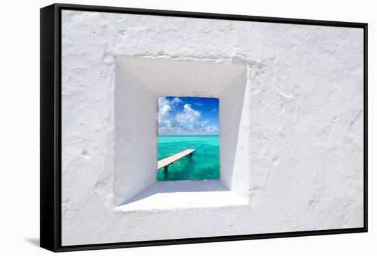 Ibiza Mediterranean White Wall Window with Formentera Beach View [Photo-Illustration]-holbox-Framed Stretched Canvas