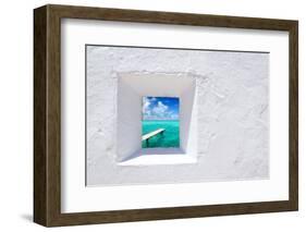 Ibiza Mediterranean White Wall Window with Formentera Beach View [Photo-Illustration]-holbox-Framed Photographic Print