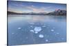 Ice bubbles on the frozen surface of Andossi Lake at sunrise Spluga Valley Valtellina Lombardy Ital-ClickAlps-Stretched Canvas