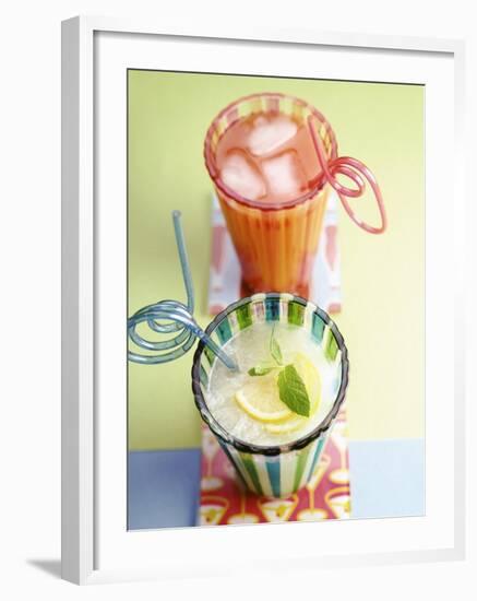 Ice-Cold Lemonade and Pink Grapefruit Juice in Glasses-null-Framed Photographic Print