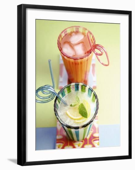 Ice-Cold Lemonade and Pink Grapefruit Juice in Glasses-null-Framed Photographic Print