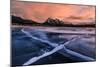 Ice cracks along Abraham Lake in Banff, Canada at sunset with pink clouds and scenic mountains-David Chang-Mounted Photographic Print