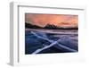 Ice cracks along Abraham Lake in Banff, Canada at sunset with pink clouds and scenic mountains-David Chang-Framed Photographic Print