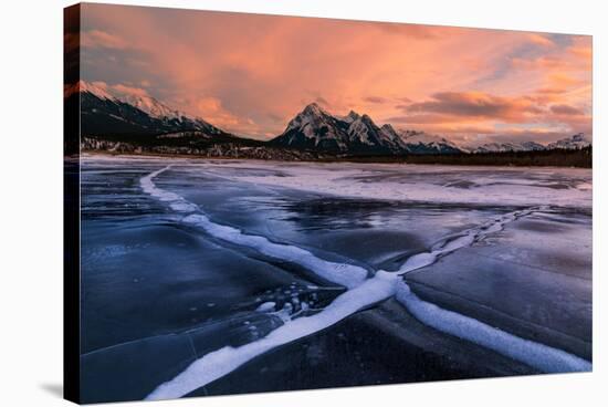 Ice cracks along Abraham Lake in Banff, Canada at sunset with pink clouds and scenic mountains-David Chang-Stretched Canvas