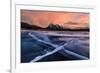 Ice cracks along Abraham Lake in Banff, Canada at sunset with pink clouds and scenic mountains-David Chang-Framed Photographic Print