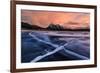 Ice cracks along Abraham Lake in Banff, Canada at sunset with pink clouds and scenic mountains-David Chang-Framed Photographic Print