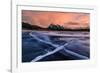 Ice cracks along Abraham Lake in Banff, Canada at sunset with pink clouds and scenic mountains-David Chang-Framed Photographic Print