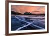 Ice cracks along Abraham Lake in Banff, Canada at sunset with pink clouds and scenic mountains-David Chang-Framed Photographic Print