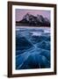 Ice cracks along Abraham Lake in Banff, Canada with purple clouds and scenic mountains-David Chang-Framed Photographic Print