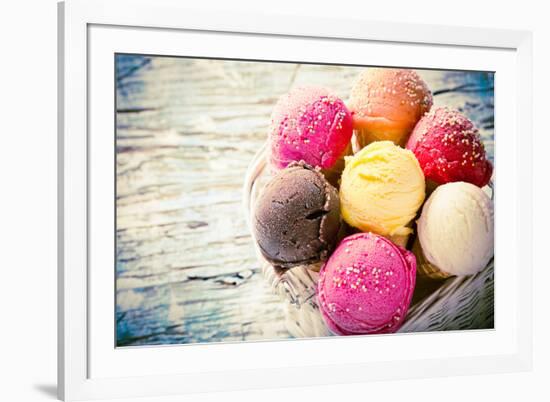 Ice Cream Scoops on Wooden Table, Close-Up.-Kesu01-Framed Photographic Print