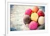 Ice Cream Scoops on Wooden Table, Close-Up.-Kesu01-Framed Photographic Print