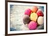 Ice Cream Scoops on Wooden Table, Close-Up.-Kesu01-Framed Photographic Print