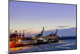 Ice Drift, Floes Floating on the Elbe, Harbour Cranes, Evening Mood, …velgšnne-Axel Schmies-Mounted Photographic Print
