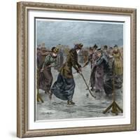 Ice Hockey : a ladies match on the lake in Wimbledon Park (later colouration)-Arthur Hopkins-Framed Giclee Print