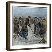 Ice Hockey : a ladies match on the lake in Wimbledon Park (later colouration)-Arthur Hopkins-Framed Giclee Print