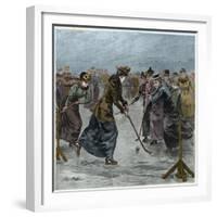 Ice Hockey : a ladies match on the lake in Wimbledon Park (later colouration)-Arthur Hopkins-Framed Giclee Print