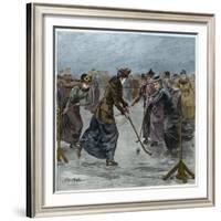Ice Hockey : a ladies match on the lake in Wimbledon Park (later colouration)-Arthur Hopkins-Framed Giclee Print