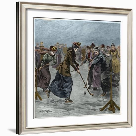 Ice Hockey : a ladies match on the lake in Wimbledon Park (later colouration)-Arthur Hopkins-Framed Giclee Print