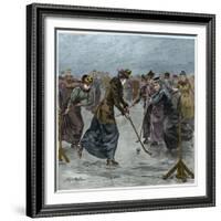 Ice Hockey : a ladies match on the lake in Wimbledon Park (later colouration)-Arthur Hopkins-Framed Giclee Print