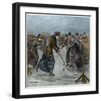 Ice Hockey : a ladies match on the lake in Wimbledon Park (later colouration)-Arthur Hopkins-Framed Giclee Print