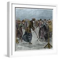 Ice Hockey : a ladies match on the lake in Wimbledon Park (later colouration)-Arthur Hopkins-Framed Giclee Print