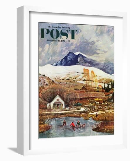 "Ice Hockey on Mountain Pond" Saturday Evening Post Cover, December 13, 1958-John Clymer-Framed Giclee Print