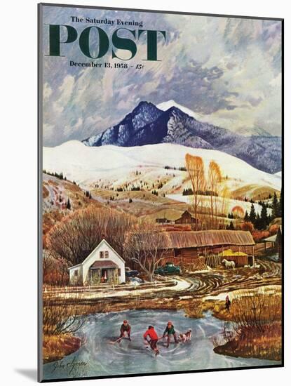 "Ice Hockey on Mountain Pond" Saturday Evening Post Cover, December 13, 1958-John Clymer-Mounted Giclee Print