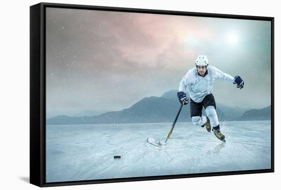 Ice Hockey Player on the Ice, Outdoor.-Andrey Yurlov-Framed Stretched Canvas