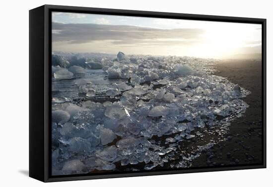 Ice, Icebergs, Black Lava Beach, Glacier Lagoon, Jškulsarlon, South Iceland-Julia Wellner-Framed Stretched Canvas