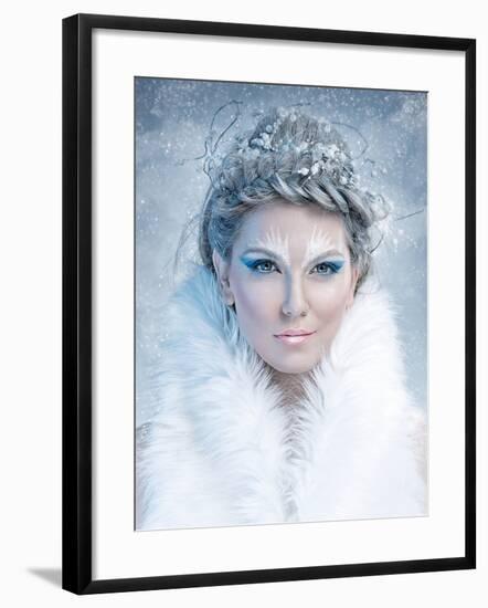 Ice Queen - Beautiful Woman in Winter Professional Makeup with White Fur-luckybusiness-Framed Photographic Print