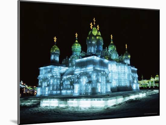 Ice Sculptures in Taiyangdao Park at Night, Bingdeng Jie, Heilongjiang, China-Tony Waltham-Mounted Photographic Print