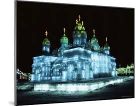 Ice Sculptures in Taiyangdao Park at Night, Bingdeng Jie, Heilongjiang, China-Tony Waltham-Mounted Photographic Print