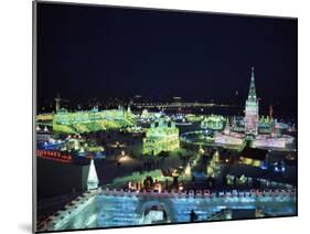 Ice Sculptures Lit at Night, Ice Lantern Festival, Bingdeng Jie, Harbin City, Heilongjiang, China-Tony Waltham-Mounted Photographic Print