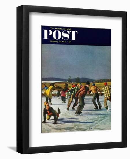 "Ice Skating on Pond" Saturday Evening Post Cover, January 26, 1952-John Falter-Framed Giclee Print