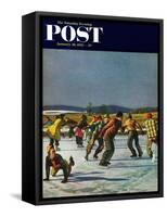 "Ice Skating on Pond" Saturday Evening Post Cover, January 26, 1952-John Falter-Framed Stretched Canvas