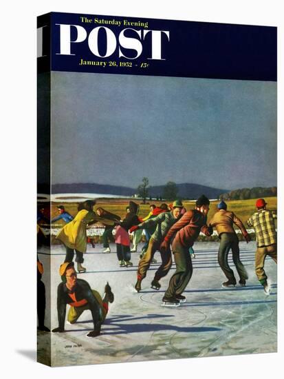 "Ice Skating on Pond" Saturday Evening Post Cover, January 26, 1952-John Falter-Stretched Canvas