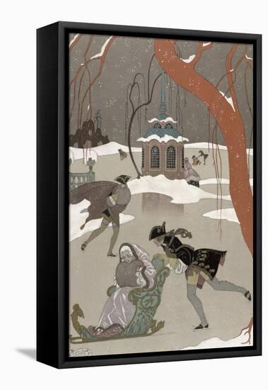 Ice Skating on the Frozen Lake, Illustration For Fetes Galantes by Paul Verlaine-Georges Barbier-Framed Stretched Canvas