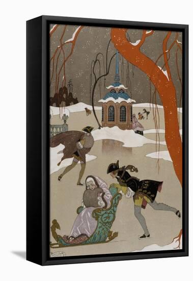 Ice Skating on the Frozen Lake-Georges Barbier-Framed Stretched Canvas