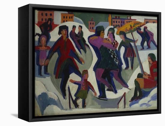 Ice Skating Rink with Skaters; Eisbahn Mit Schlittschuhlaeufern-Ernst Ludwig Kirchner-Framed Stretched Canvas