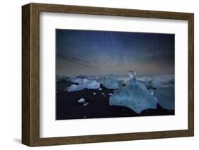 Iceberg on Black Sand Beach with Dramatic Sky-Alex Saberi-Framed Photographic Print