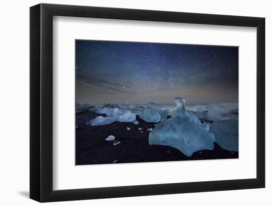 Iceberg on Black Sand Beach with Dramatic Sky-Alex Saberi-Framed Photographic Print