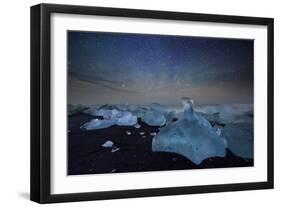 Iceberg on Black Sand Beach with Dramatic Sky-Alex Saberi-Framed Photographic Print