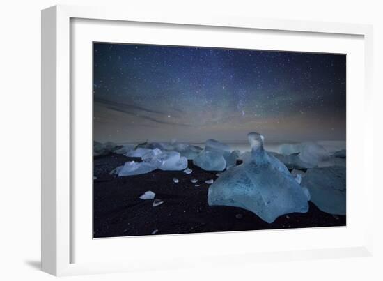 Iceberg on Black Sand Beach with Dramatic Sky-Alex Saberi-Framed Photographic Print