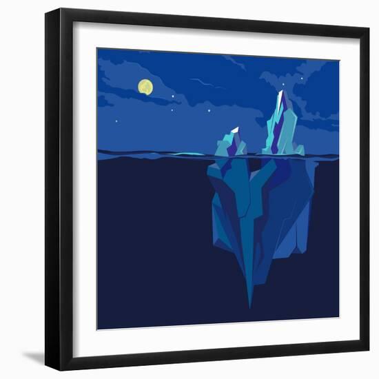 Iceberg Underwater and above Water at Night in the Moonlight. Vector Illustration-TatyanaTVK-Framed Art Print