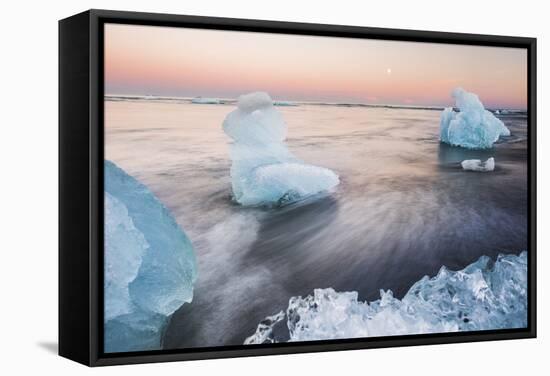 Icebergs at Sunset on Jokulsarlon Beach, Iceland, Polar Regions-Matthew Williams-Ellis-Framed Stretched Canvas