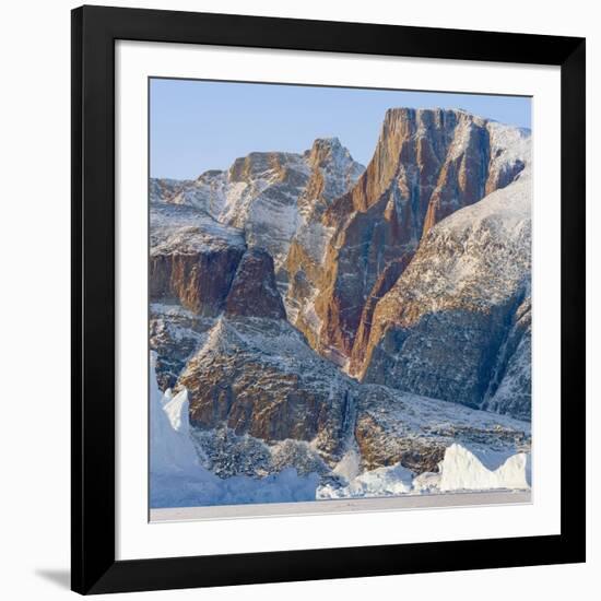 Icebergs in front of Appat Island, frozen into the sea ice of the Uummannaq fjord. Greenland-Martin Zwick-Framed Photographic Print