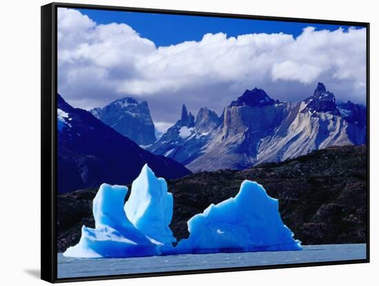 Icebergs in Lake Grey and Mountains of the Macizo Paine Massif, Patagonia, Chile-Richard I'Anson-Framed Stretched Canvas